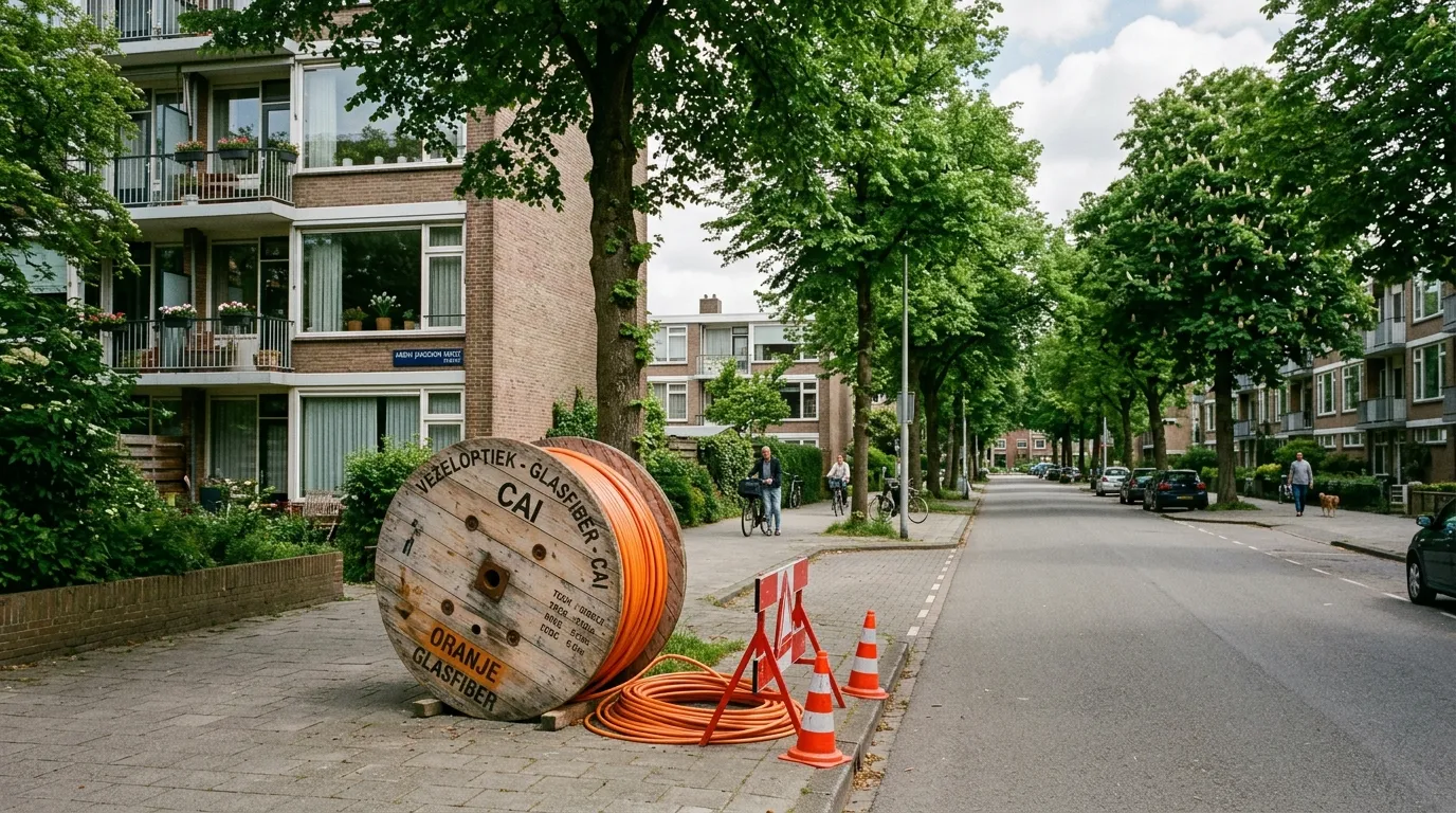 Een grote haspel met oranje glasvezelkabel in een groene Amsterdamse wijk