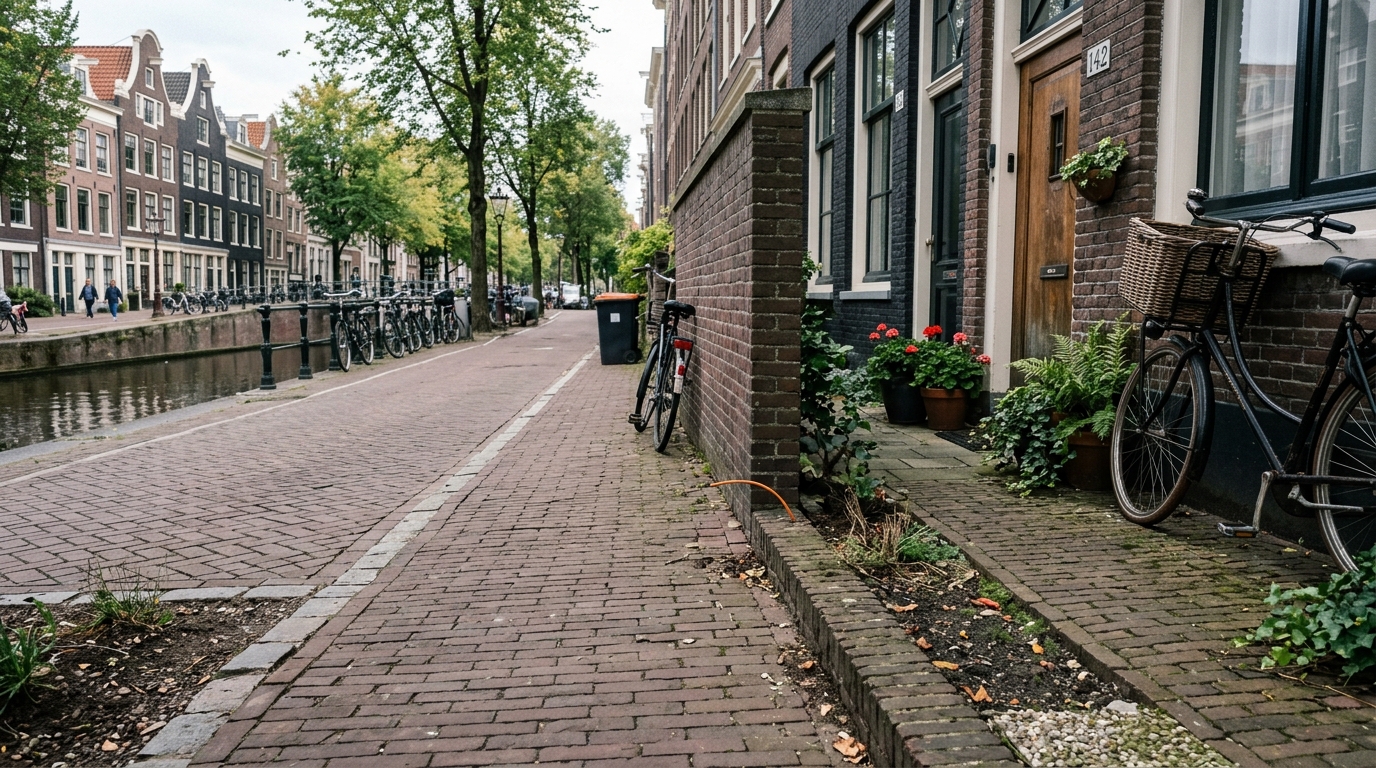 Dunne oranje glasvezelkabel (spriet) steekt uit de stoep voor een woning