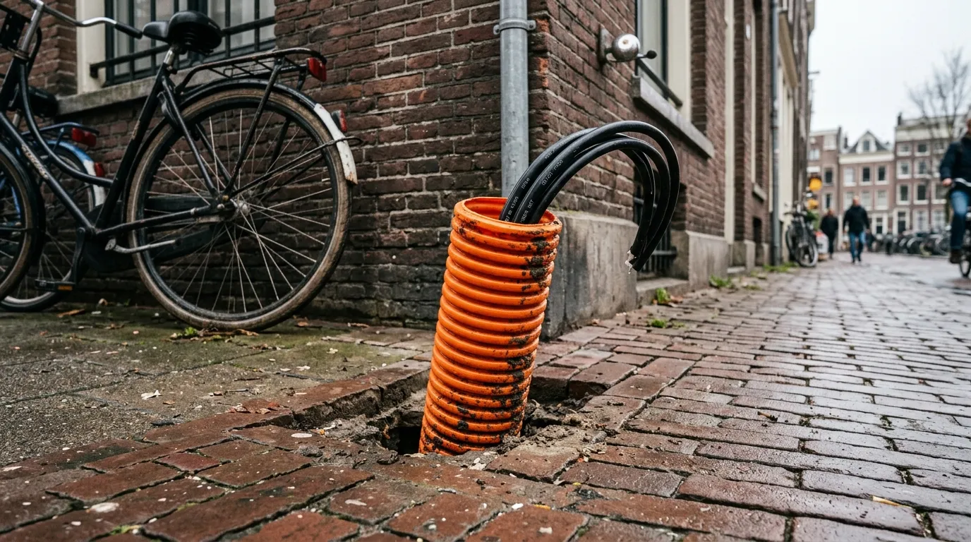 Glasvezelkabel steekt uit de straat in Amsterdam