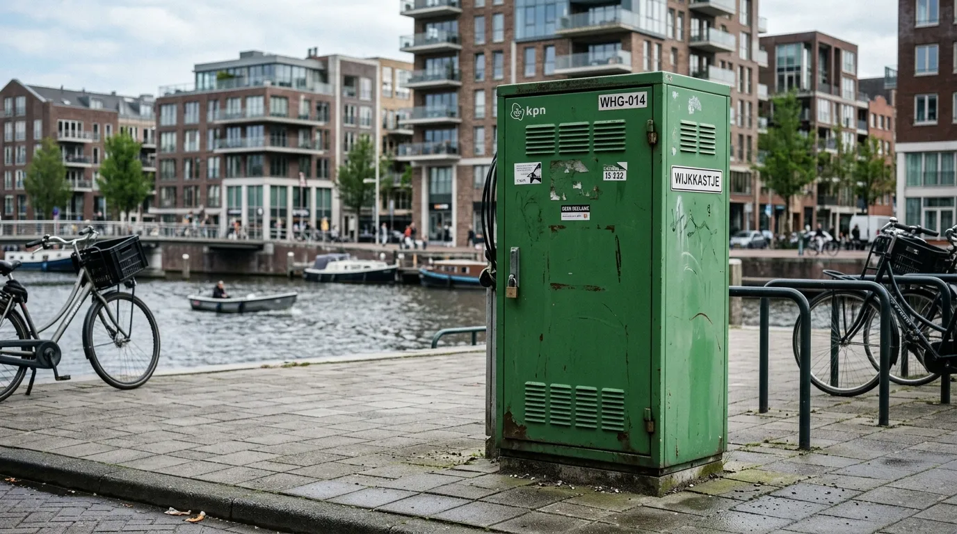 Een groen telecom wijkkastje in het Oostelijk Havengebied